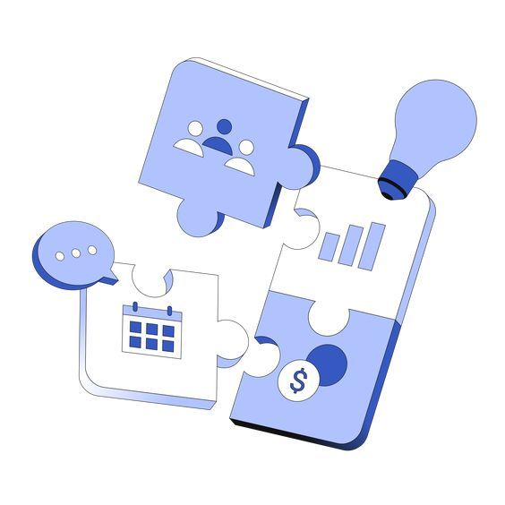 Piezas conectadas que representan la integración de personas, planificación, finanzas e innovación